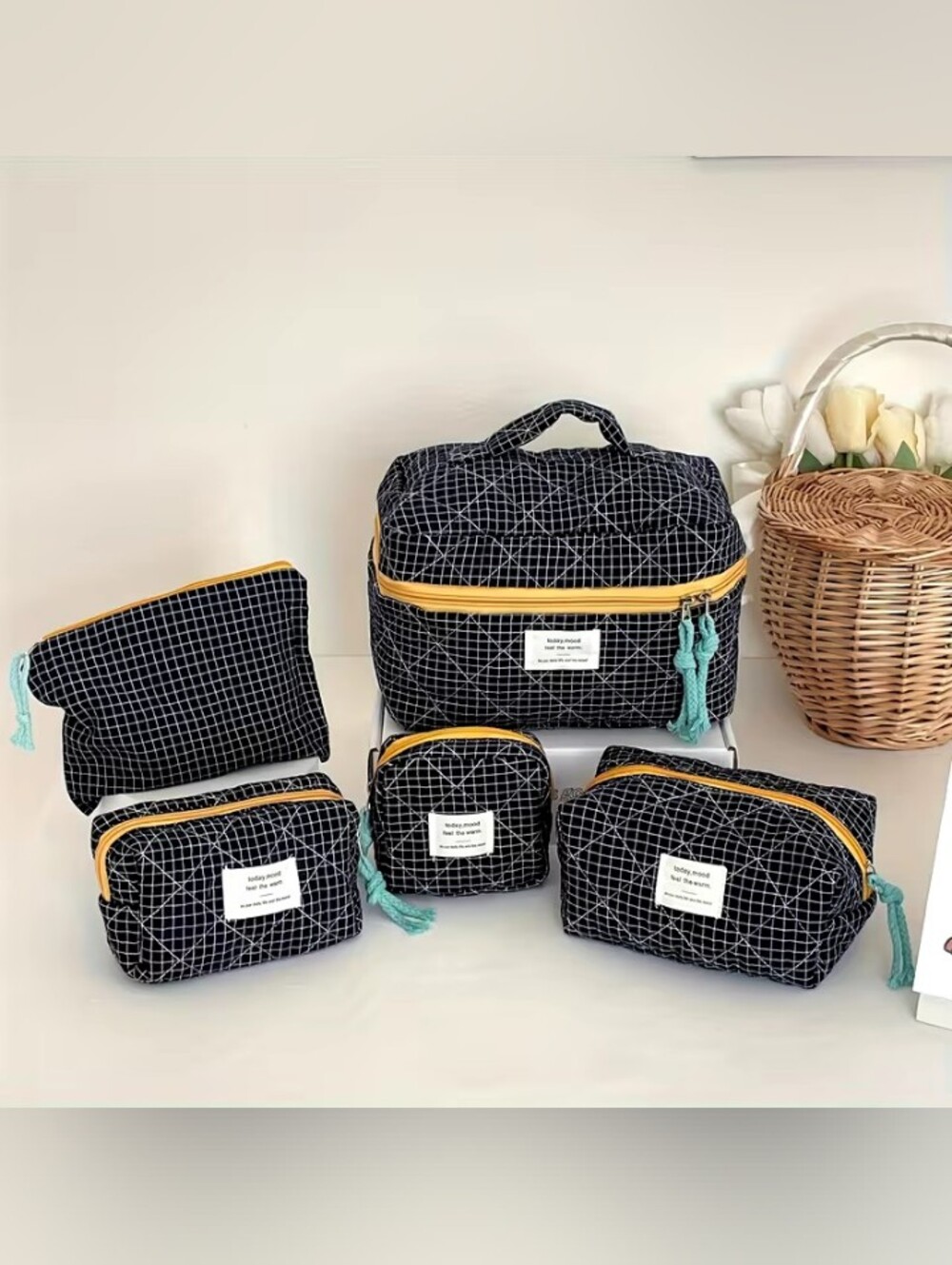 5 Piece Quilted Cosmetic Makeup Toiletries Travel Bag Case Set